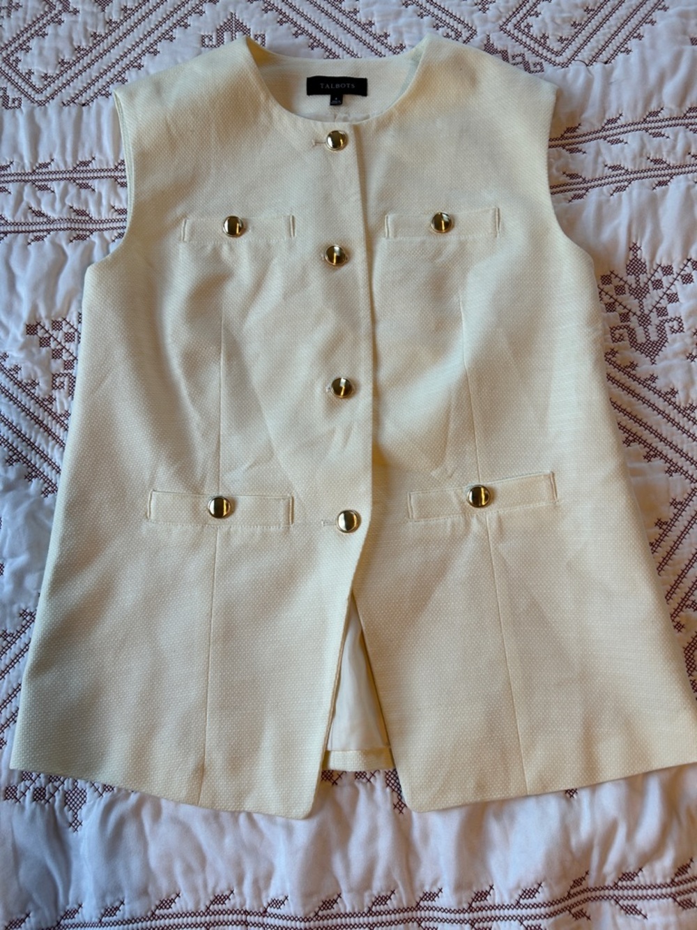 Talbots Cream Textured Sleeveless Vest with Gold-Tone Buttons